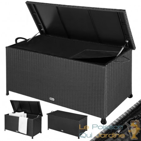 Coffre de jardin noir 270L polyrotin ressorts à gaz et roues