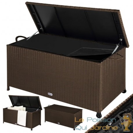 Coffre de jardin noir 270L polyrotin Marron et roues