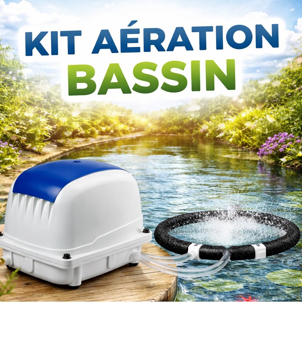 Set Aérateur Bassin Pompe à air 2100 l/h 1 diffuseur 31 cm SILENCIEUX. Pour 4000 litres environ