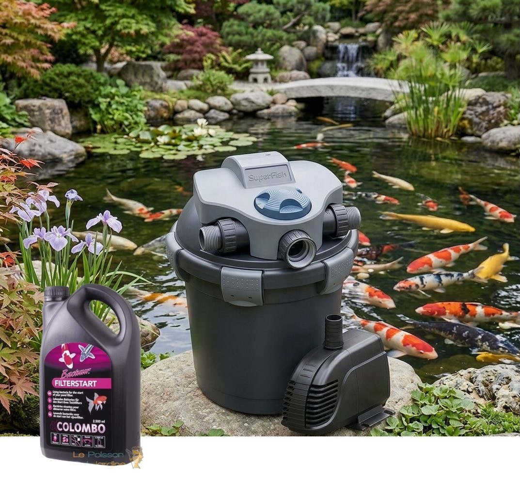 Pack Filtration Bassin 5000L - Filtre Pression UV 7W + Pompe + 1000ml Bactéries