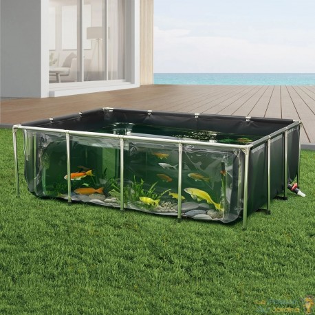 Bassin à Poissons Hors Sol 1781L - Toile PVC avec Panneau Transparent et Cadre Inox