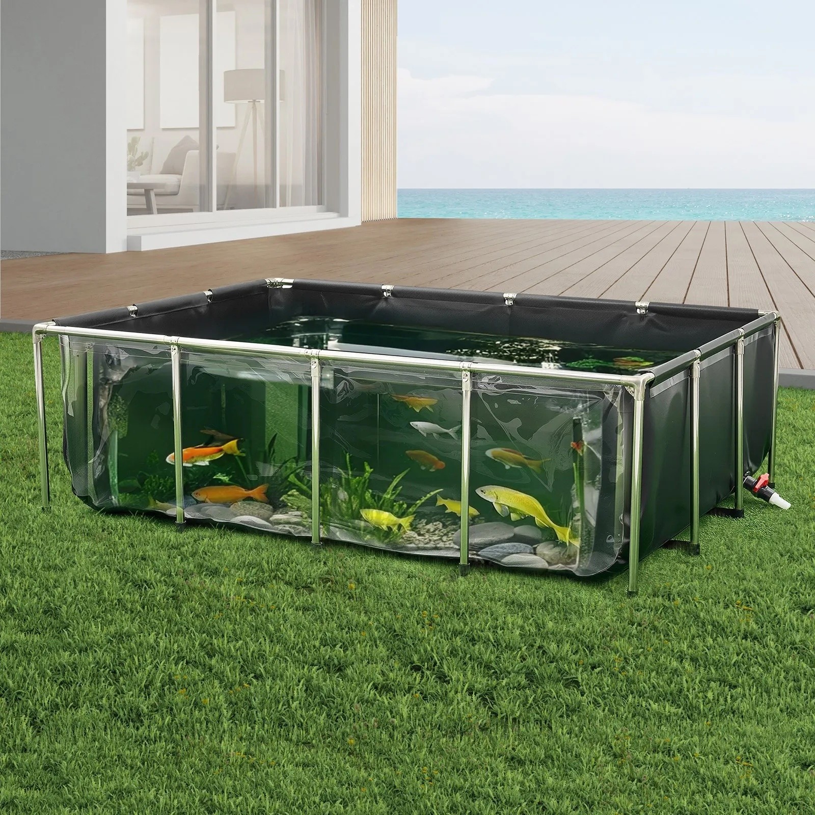 Bassin à Poissons Hors Sol 1781L - Toile PVC avec Panneau Transparent et Cadre Inox