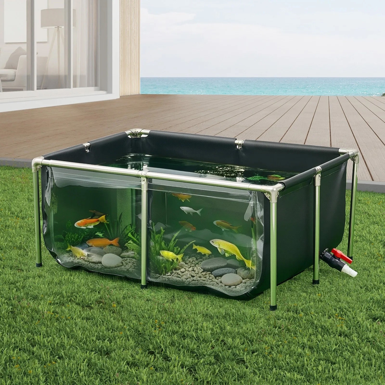 Bassin à Poissons Hors Sol 480L - Bac de Secours, Nursery et Élevage avec Vitre