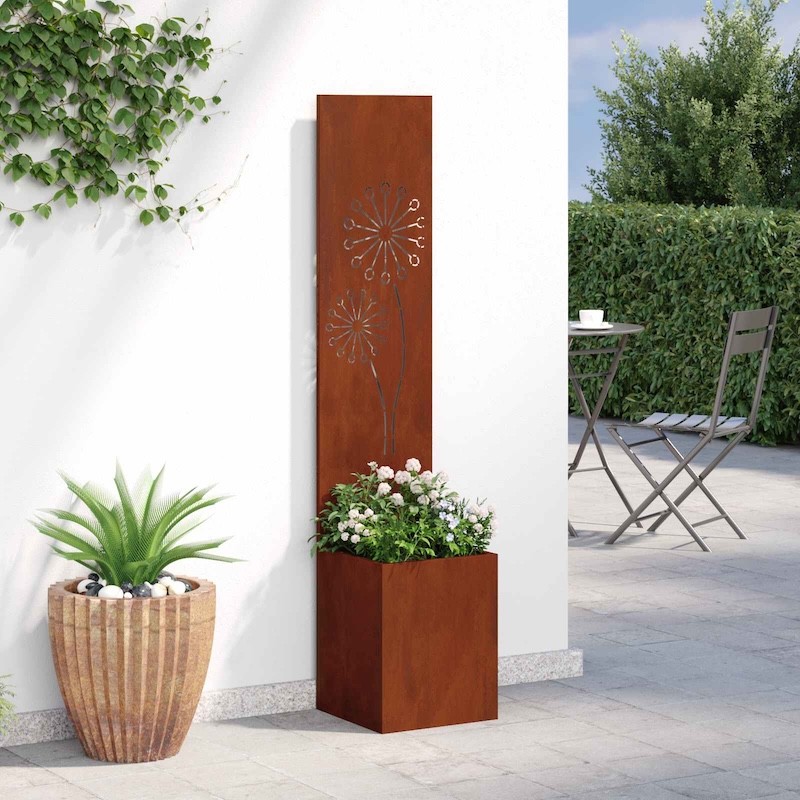Jardinière avec panneau décoration pissenlit 32 x 32 x 150 cm - Acier Corten