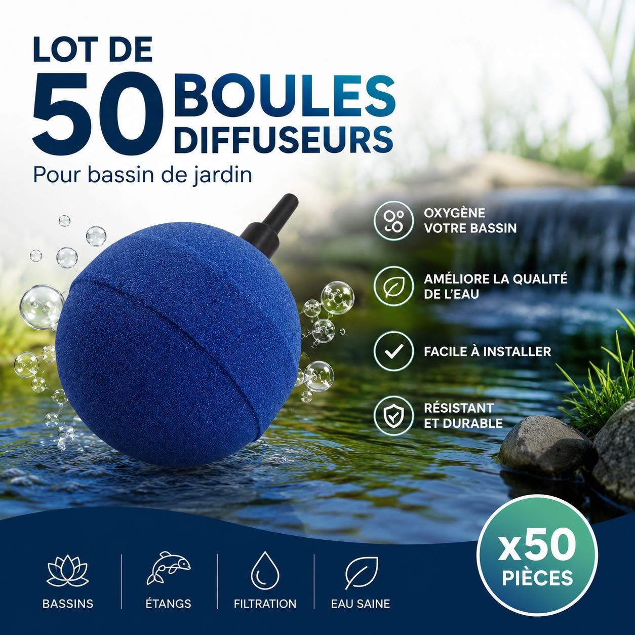 50 diffuseurs d'air bassin ( boule ) sphèriques pour aérer les bassins de jardin : 5 cm