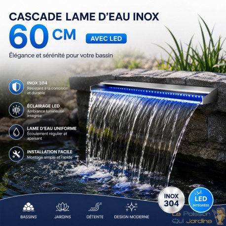 Cascade - Lame D'Eau 60 cm Inox + Led Couleur Pour Bassin De Jardin