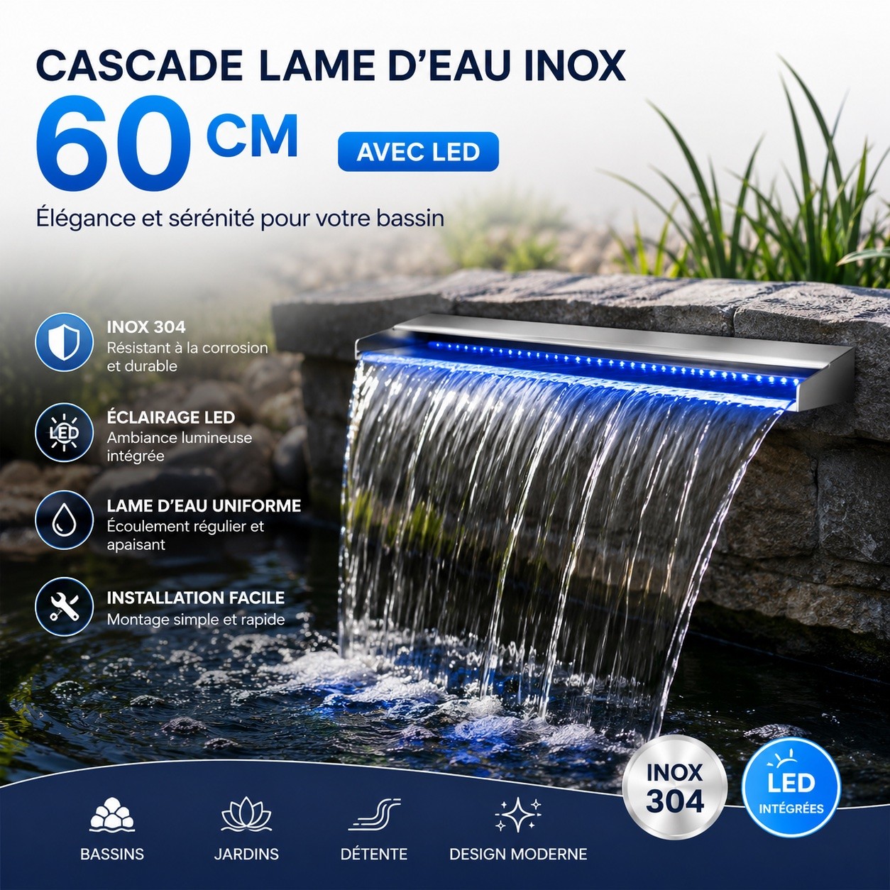 Cascade, Lame D'Eau 60 cm Inox + Led Multicolor Pour Bassin De Jardin