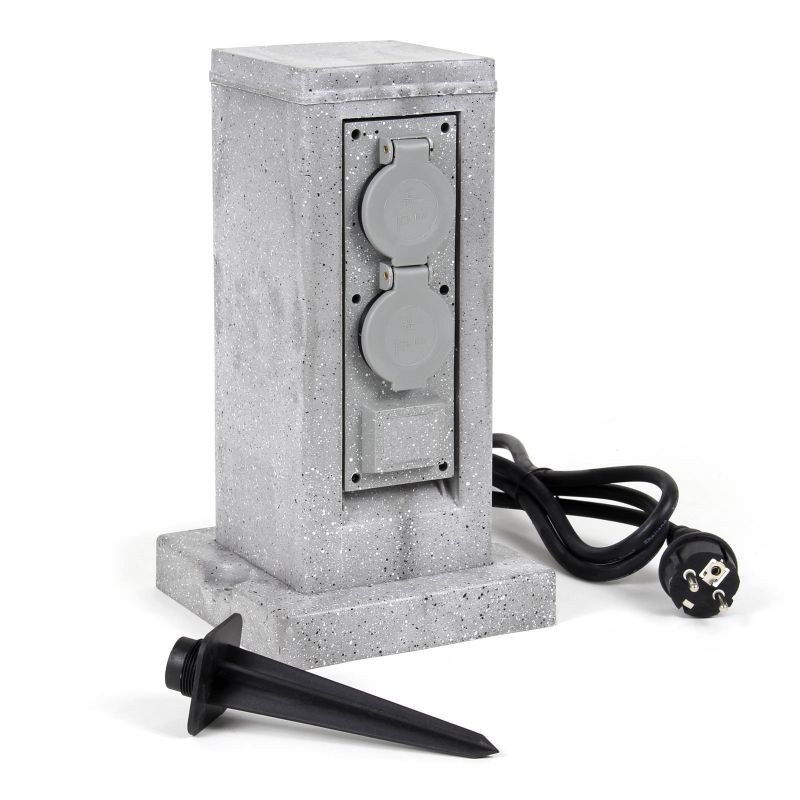 Multiprise de Jardin Quadruple 4 Prises - Aspect Colonne Granit Gris IP44 avec Piquet