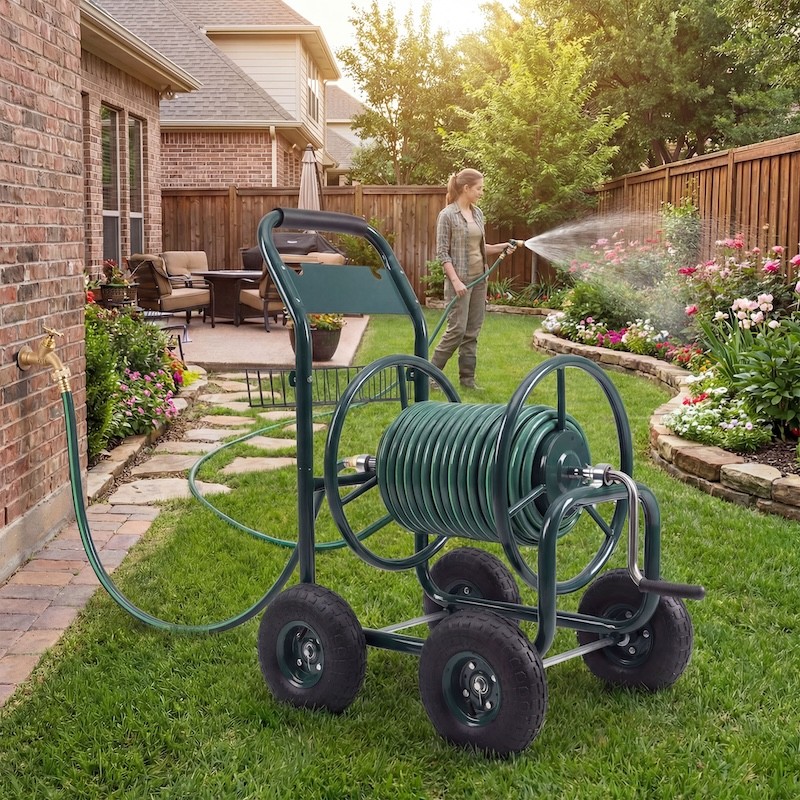 Chariot Dévidoir Tuyau d'Arrosage Mobile 70m 3/4" (19mm) sur Roues Métal Jardin