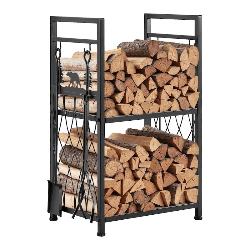 Range-Bûches d'Intérieur 2 Niveaux avec 4 Outils de Cheminée Acier 181kg