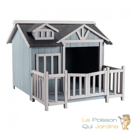 Niche pour Chien Maison de Luxe XL Bois Grise avec Terrasse et Toit Bitumé
