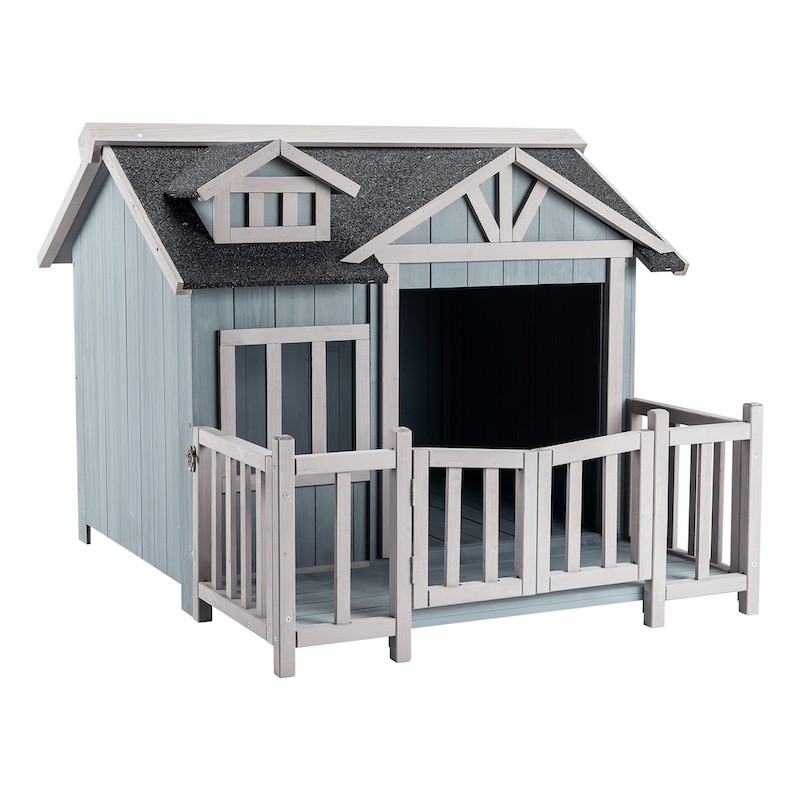 Niche pour Chien Maison de Luxe XL Bois Grise avec Terrasse et Toit Bitumé