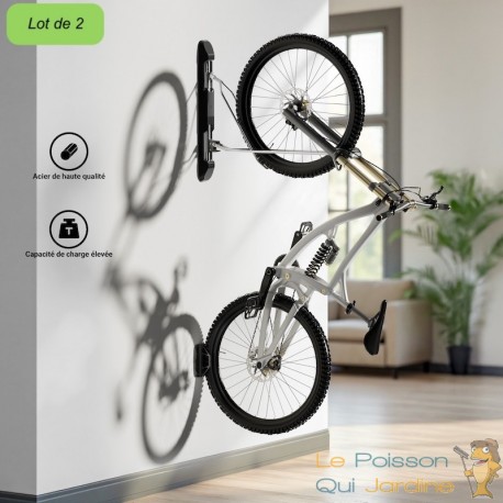 Lot de 2 : Range-Vélo Mural Rabattable Pivotant Charge Max 35 kg pour VTT & VAE