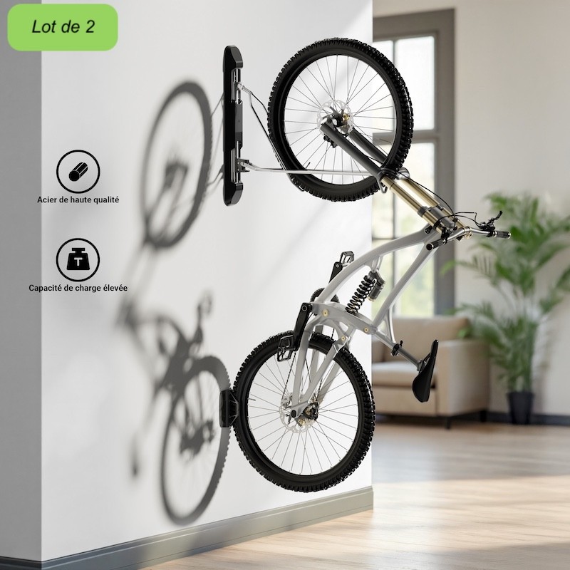 Lot de 2 Range-Vélos Muraux Rabattables Pivotants Charge Max 70 kg (2x35 kg)