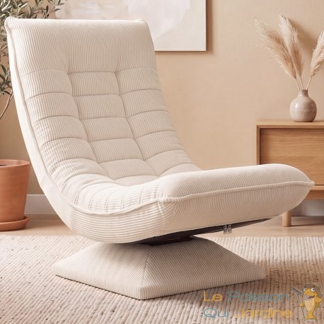 Fauteuil Relax Pivotant 360° Crème Velours Côtelé Dossier Réglable 5 Positions Pliable
