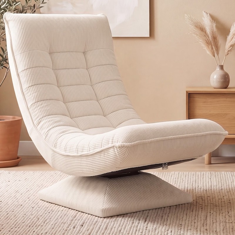 Fauteuil Relax Pivotant 360° Crème Velours Côtelé Dossier Réglable 5 Positions Pliable