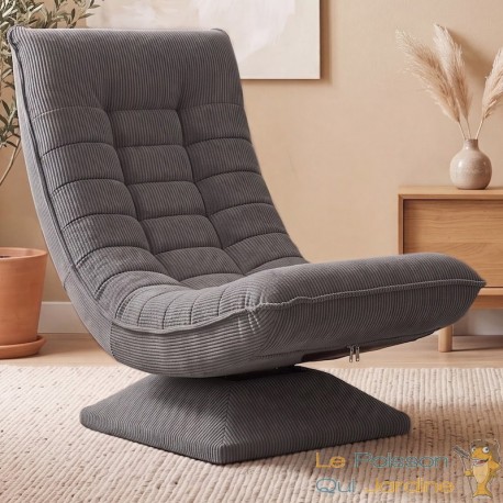 Fauteuil Relax Pivotant 360° Gris Velours Côtelé Dossier Réglable 5 Positions Pliable