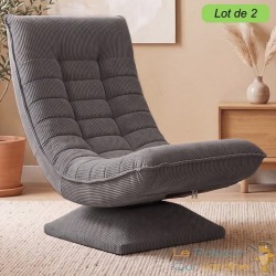 Lot te 2 Fauteuils Relax Pivotant 360° Gris Velours Côtelé Dossier Réglable 5 Positions Pliable