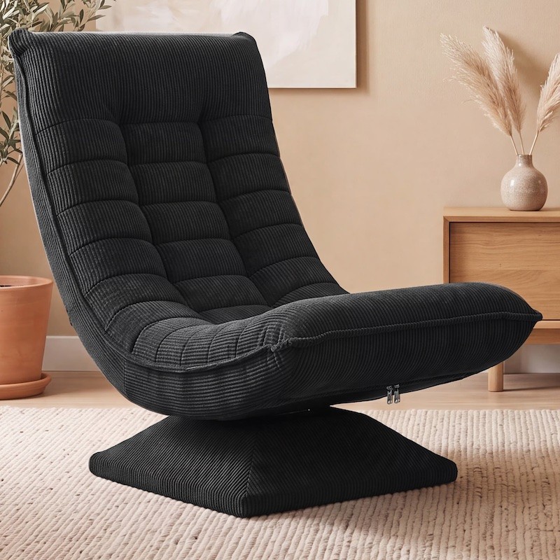 Fauteuil Relax Pivotant 360° Noir Velours Côtelé Dossier Réglable 5 Positions Pliable