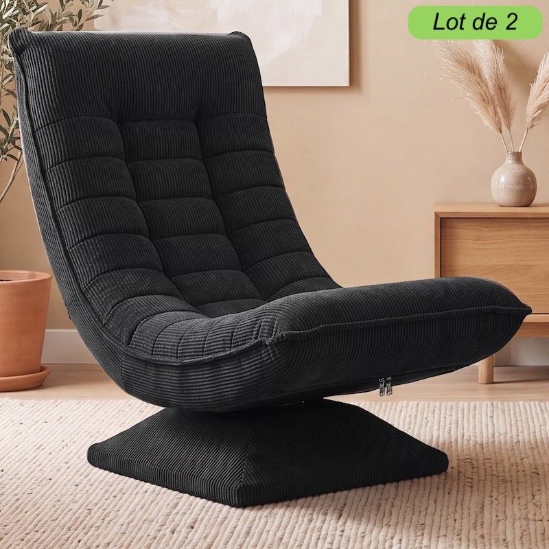 Lot de 2 Fauteuils Relax Pivotants 360° Noir Velours Côtelé Dossiers Réglables Pliables