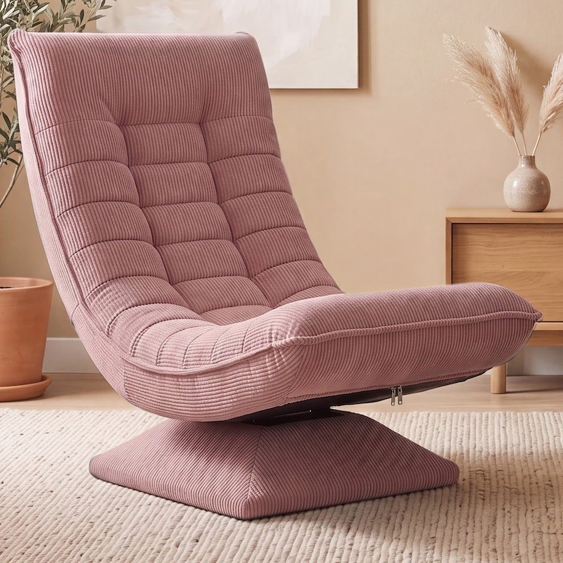 Fauteuil Relax Pivotant 360° Rose Foncé Velours Côtelé Dossier Réglable 5 Positions Pliable