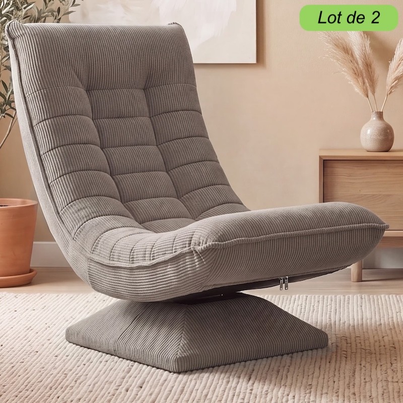 Lot de 2 Fauteuils Relax Pivotants 360° Taupe Velours Côtelé Dossiers Réglables Pliables