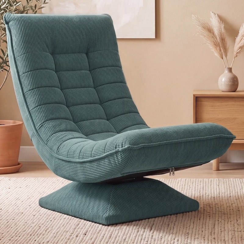 Fauteuil Relax Pivotant 360° Gris-Vert Velours Côtelé Dossier Réglable 5 Positions Pliable
