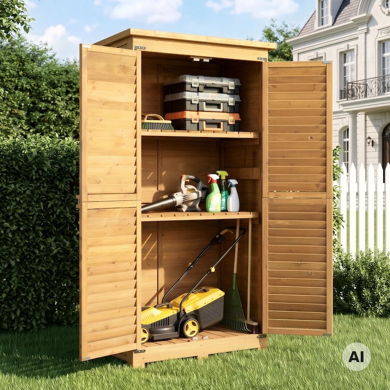 Armoire de Jardin en Bois d'Épicéa 870x465x1600 mm Abri à Outils 3 Compartiments Portes à Lamelles et Toit Bitumé