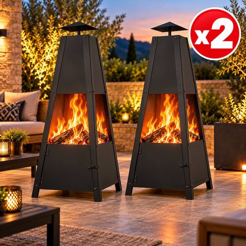 Lot de 2 Braseros de Jardin Design 102 cm Colonnes Métal Noir Chaleur & Ambiance Terrasse