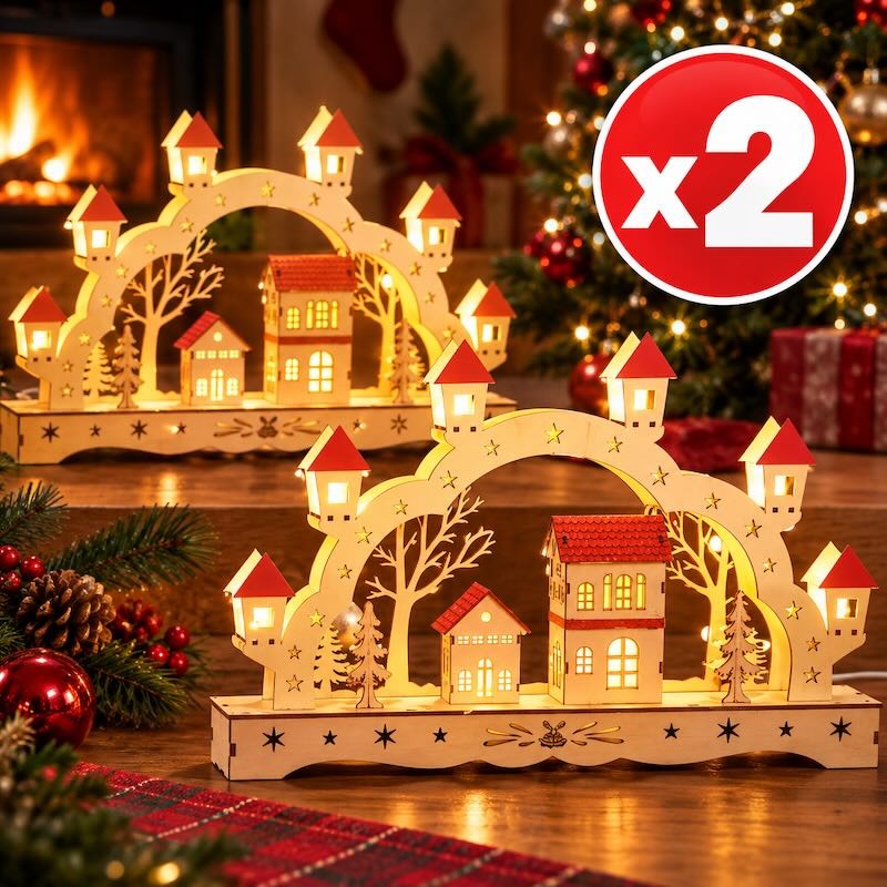 Lot de 2 Arcs Lumineux de Noël en Bois Naturel 43 cm 8 LED Blanc Chaud avec Minuterie