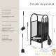 Chariot Porte-Bûches d'Intérieur 42,5x38x80,5 cm en Acier Noir avec Roues et 3 Serviteurs de Cheminée