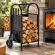 Chariot Porte-Bûches d'Intérieur 42,5x38x80,5 cm en Acier Noir avec Roues et 3 Serviteurs de Cheminée