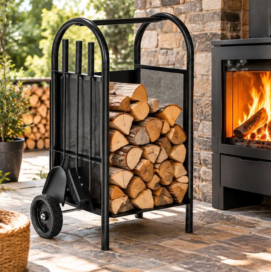 Chariot Porte-Bûches d'Intérieur 42,5x38x80,5 cm en Acier Noir avec Roues et 3 Serviteurs de Cheminée