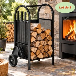 Chariot Porte-Bûches d'Intérieur 42,5x38x80,5 cm en Acier Noir avec Roues et 3 Serviteurs de Cheminée