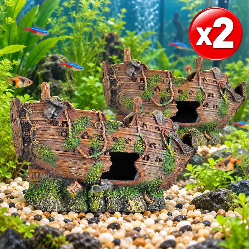 Lot de 2 Décors pour Aquarium Épaves de Bateau Échoué 26 cm Résine Neutre