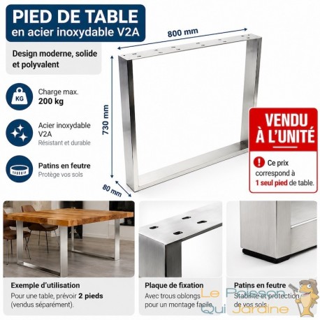 Pied de Table en Acier Inoxydable V2A 800x80x730 mm Capacité 200 kg Patins en Feutre Piètement Bureau