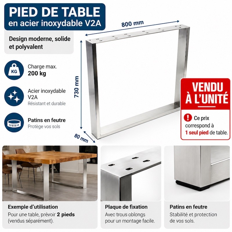 Pied de Table en Acier Inoxydable V2A 800x80x730 mm Capacité 200 kg Patins en Feutre Piètement Bureau